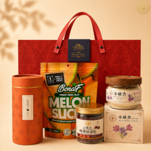 小確杏大型紅色節慶禮盒，內含藏紅花鹽、紅茶、凍乾酸櫻桃及凍乾哈密瓜