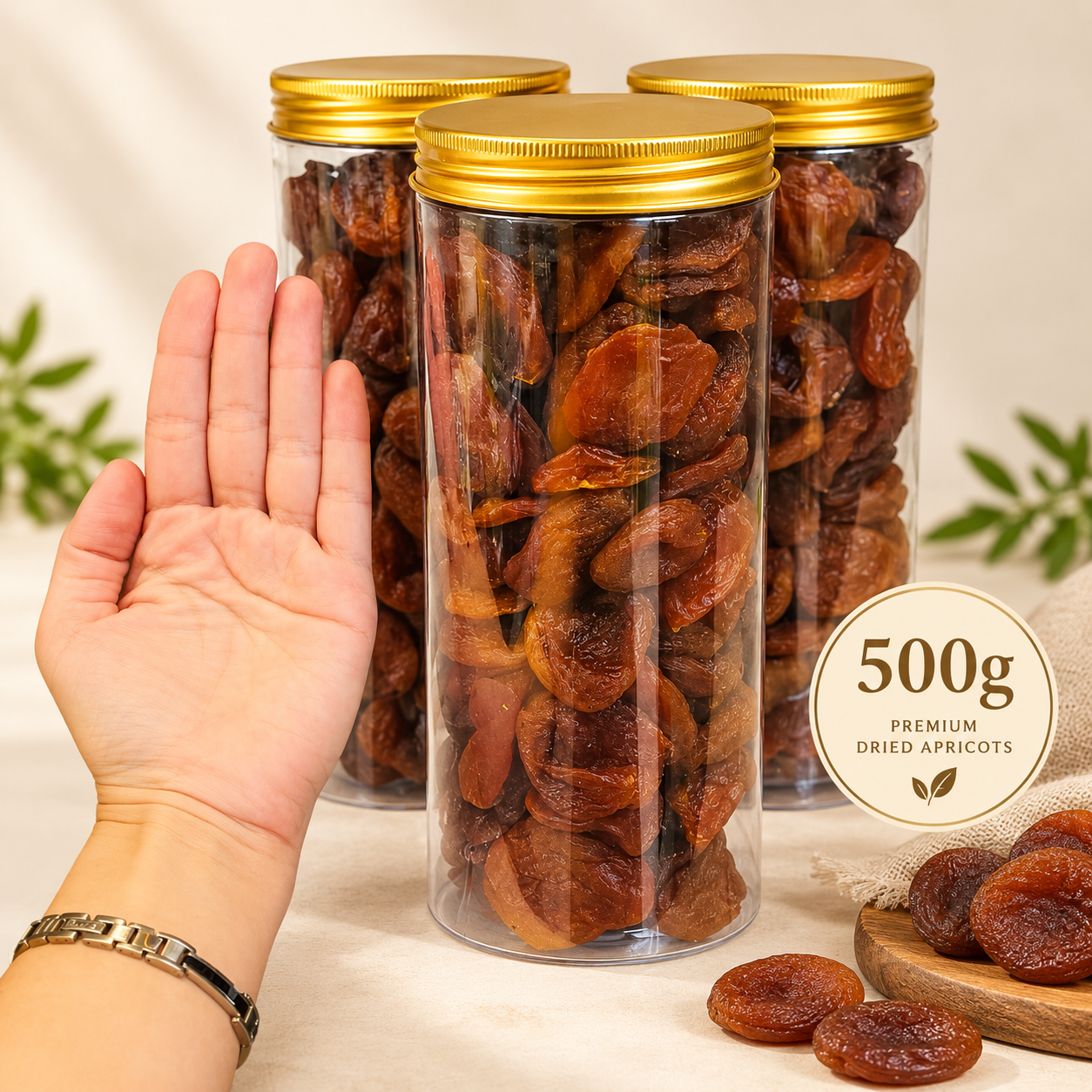 500g特乾杏桃乾單罐尺寸示意 單罐500g特乾杏桃乾與手掌大小對照