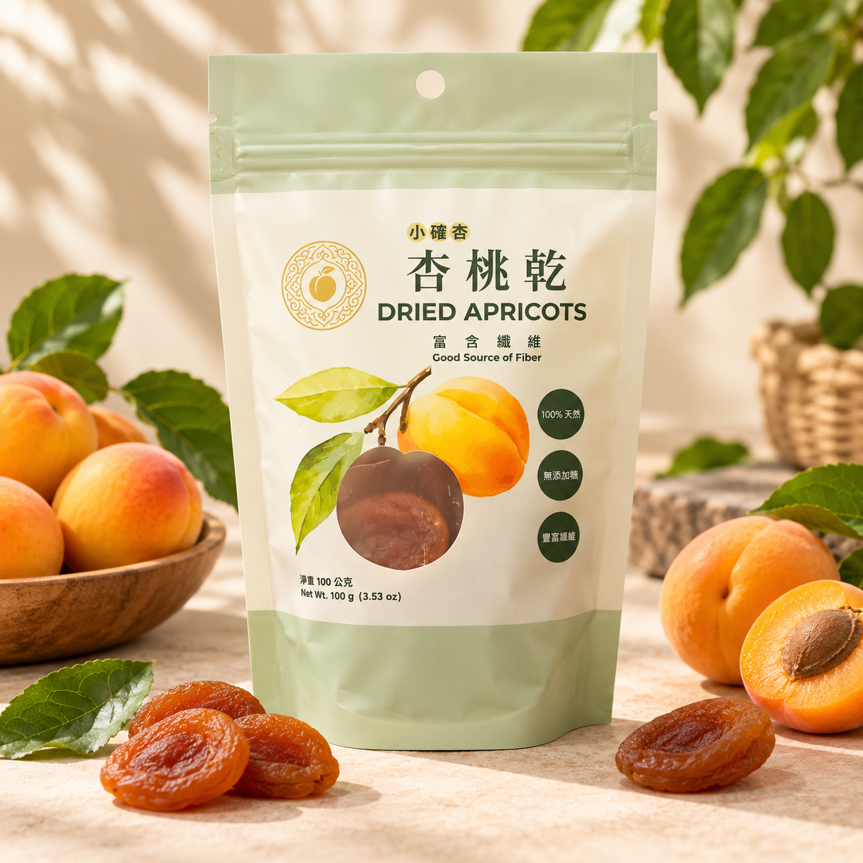 100g綠色袋裝烏茲別克特乾杏桃乾與新鮮杏桃 100g綠色袋裝烏茲別克特乾杏桃乾與新鮮杏桃